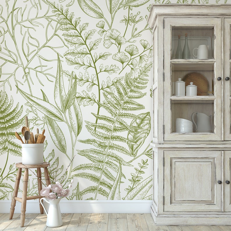 Fern Botanical Removable Mural Wallpaper Light Greenery Self Adhesive Wall Decor Peel and Stick Wallpaper Temporary Decal CCM082 Bild 3