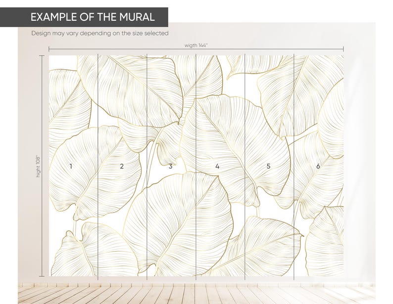 White Gold Effect Leaves Peel & Stick Wall Mural Tropical Self Adhesive