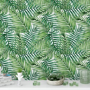 Watercolor Green Wallpaper - Tropical Palm Banana Leaves Peel and Stick Wall Mural CC162 image 4
