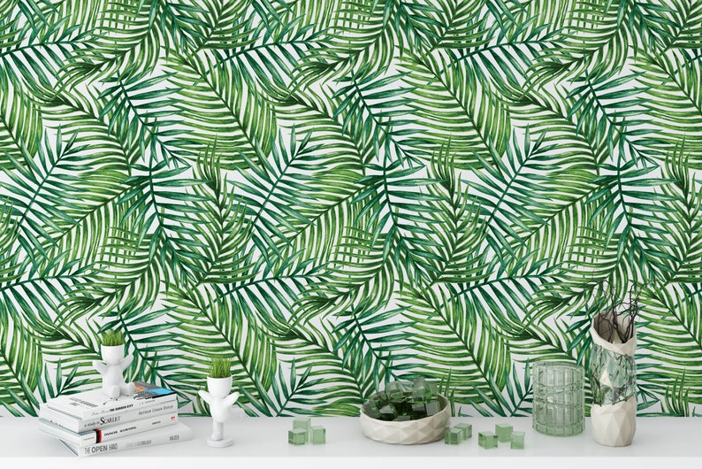 Watercolor Green Wallpaper - Tropical Palm Banana Leaves Peel and Stick Wall Mural CC162 image 4
