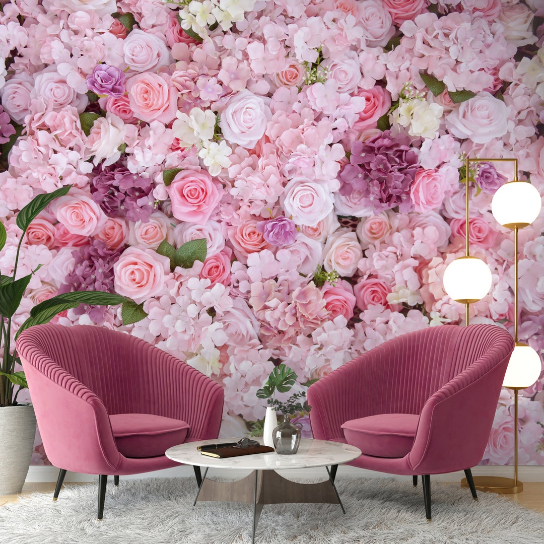 Rose Hydrangea Flower Wall Mural - Blush Pink Purple Floral Peel and ...