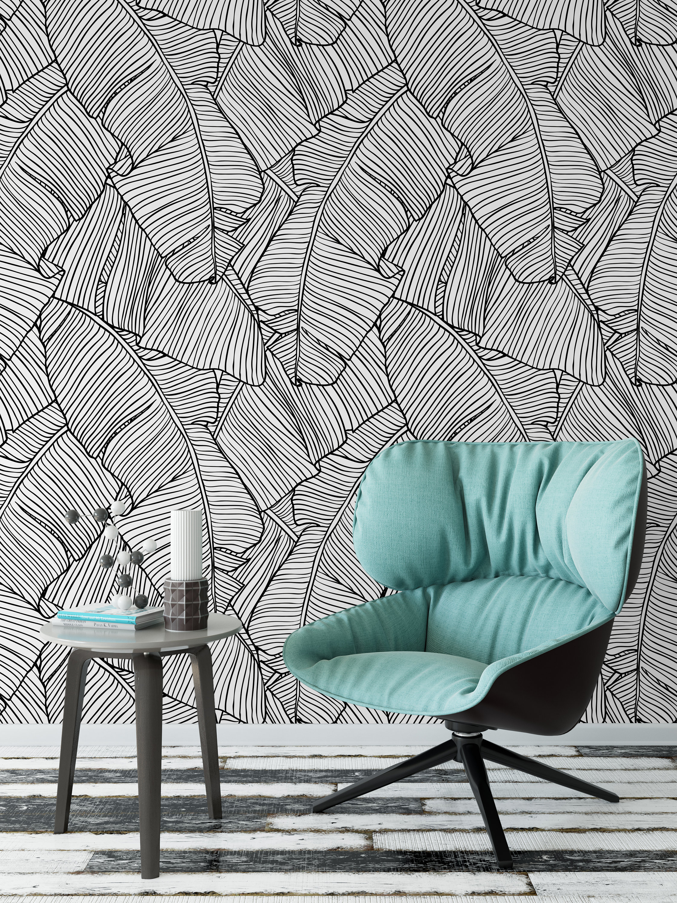 Black White Banana Leaf Wallpaper – Tropical Palm Leaves Line Art ...
