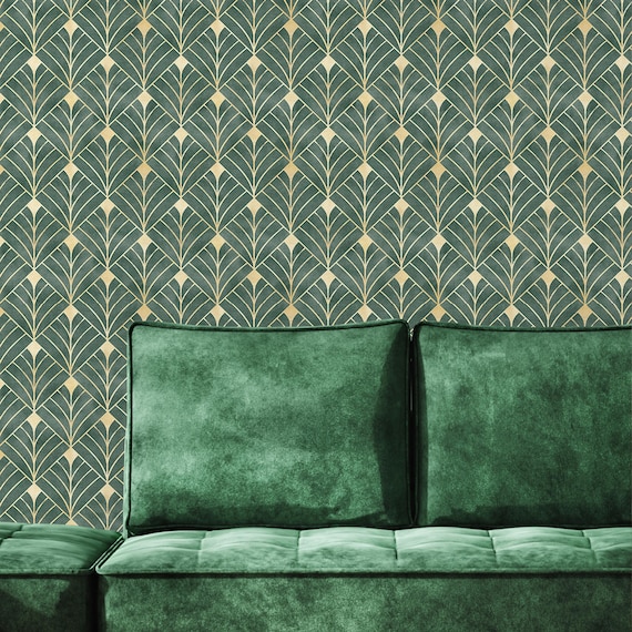 Green Faux Gold Art Deco Wallpaper - Emerald Luxury Geometric Vintage Retro Wall Mural CC336