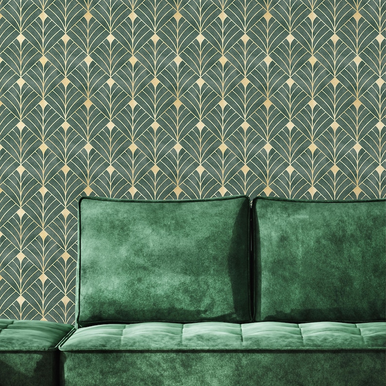 Emerald green Art Deco wallpaper with gold geometric leaf pattern, peel and stick.