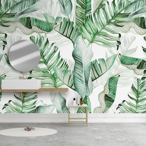Watercolor Tropical Peel and Stick Wall Mural Wallpaper - Botanical Palm Leaves Self Adhesive Wall Decal - Green Nature Removable CCM049