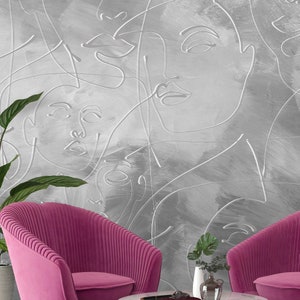 Gray Brush Stroke Abstract Women Face Peel and Stick Wall Mural - Self Adhesive Line Art - Nail Spa Beauty Studio Removable Wallpaper CCM145