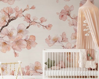 Cherry Blossoms - Pink Botanical Pattern - Flowers Retro Vintage Wallpaper - Faux Grasscloth Traditional Wall Mural CG008