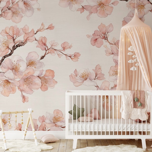 Cherry Blossoms - Pink Botanical Pattern - Flowers Retro Vintage Wallpaper - Faux Grasscloth Traditional Wall Mural CG008