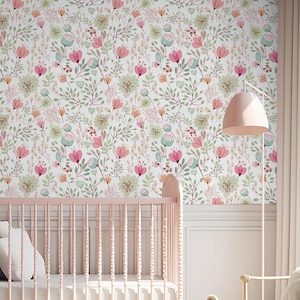 Pink & Green Flowers Peel and Stick Wallpaper - Boho  Floral Wall Decal Print - Botanical Garden Self Adhesive Wall Mural CC345