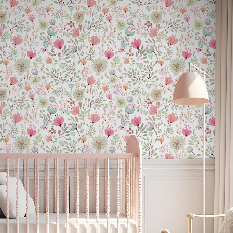 Pink and Green Floral Wallpaper - Etsy