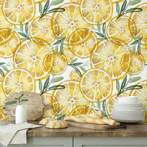 Self Adhesive Yellow Lemon Wallpaper - Watercolor Fruit Peel and Stick Decal - Kitchen Removable Wall Decor Botanical Green Leaves CC232