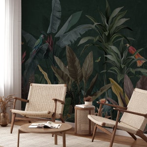 Dark Green Palm Leaves Removable Wall Mural - Tropical Banana Leaf Self Adhesive Decal - Colorful Floral Peel & Stick Wallpaper CCM167