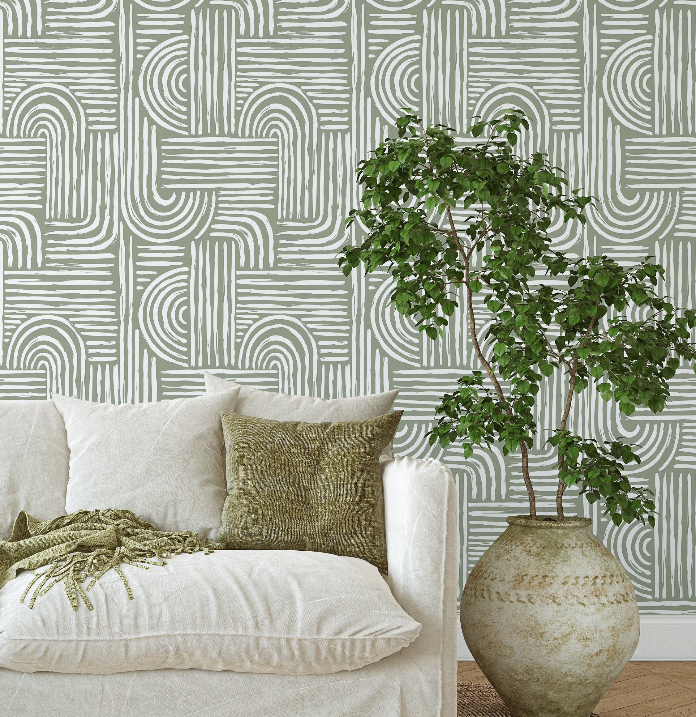 Green Olive Boho Style Self Adhesive Wallpaper - Peel and Stick Modern Mural -  Scandinavian Design Removable Temporary Wall Decal CC276
