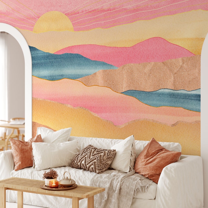Abstract Boho Wall Mural Watercolor Colorful Mountains Etsy