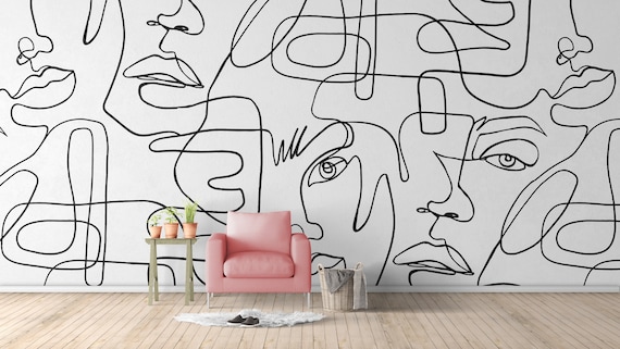 Abstract Female Faces Peel and Stick Wall Mural - Minimalist Line Art Wallpaper CCM036