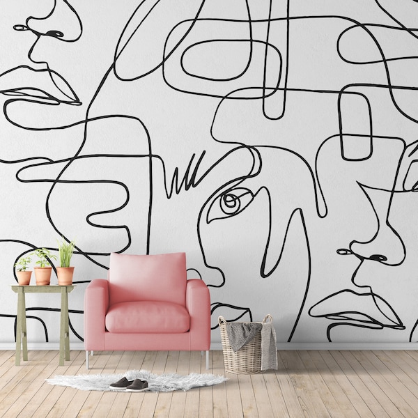 Abstract Female Faces Peel and Stick Wall Mural - Minimalist Line Art Wallpaper CCM036