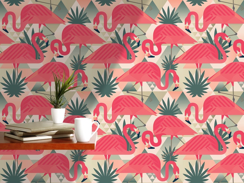 Pink Flamingo Peel and Stick Wallpaper Tropical Leaf Self Etsy México
