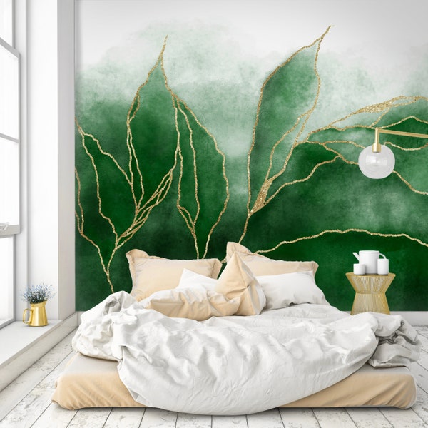 Abstract Green Gold Leaves Self Adhesive Wall Mural - Watercolor Peel and Stick Decor - Removable Wall Decal Temporary CCM014