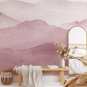 Watercolor Purple Peel and Stick Mural Wallpaper - Abstract Boho Wallpaper - Removable Pink Mountain Self Adhesive Decor Wall Decal CCM063