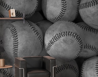 Gray Baseball Wall Mural - Black and White Sports Decor - Boys Room Peel and Stick Wallpaper CCM216
