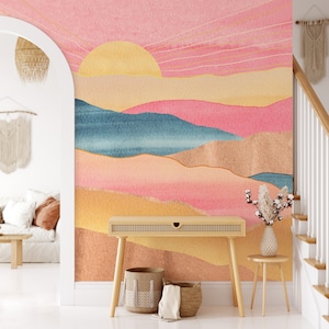 Abstract Boho Wall Mural - Watercolor Colorful Mountains Sunset Self Adhesive Wallpaper - Peel and Stick - Removable Wall Decal CCM114