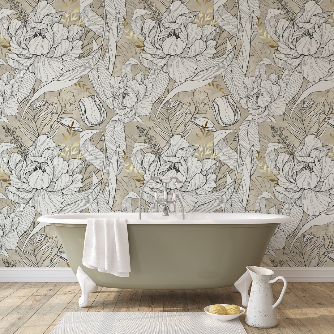 Line Art Floral Wall Mural – Neutral Beige Peony Tulip Botanical ...