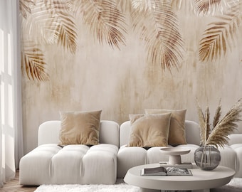 Beige Banana Leaves Wall Mural - Palm Leaf Tropical Peel and Stick Boho Wallpaper CCM200