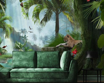 Green Jungle Rainforest Wallpaper with Tropical Animals and Palms CCM192