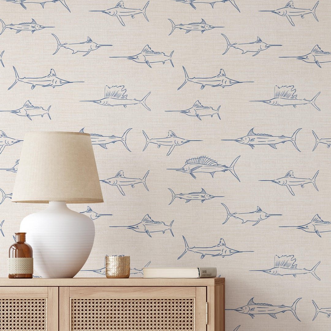 Fish Neutral Navy Blue Marlin Fish Wallpaper - Neutral Beige Coastal Nautical Peel ...