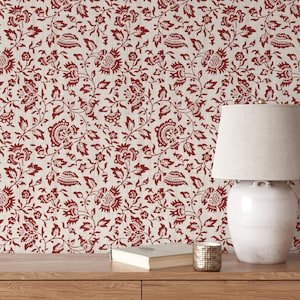 Red Vintage Flowers Peel and Stick Wallpaper - Provence Style Temporary Wallcover - Retro Botanical Garden Self Adhesive Wall Mural CC344