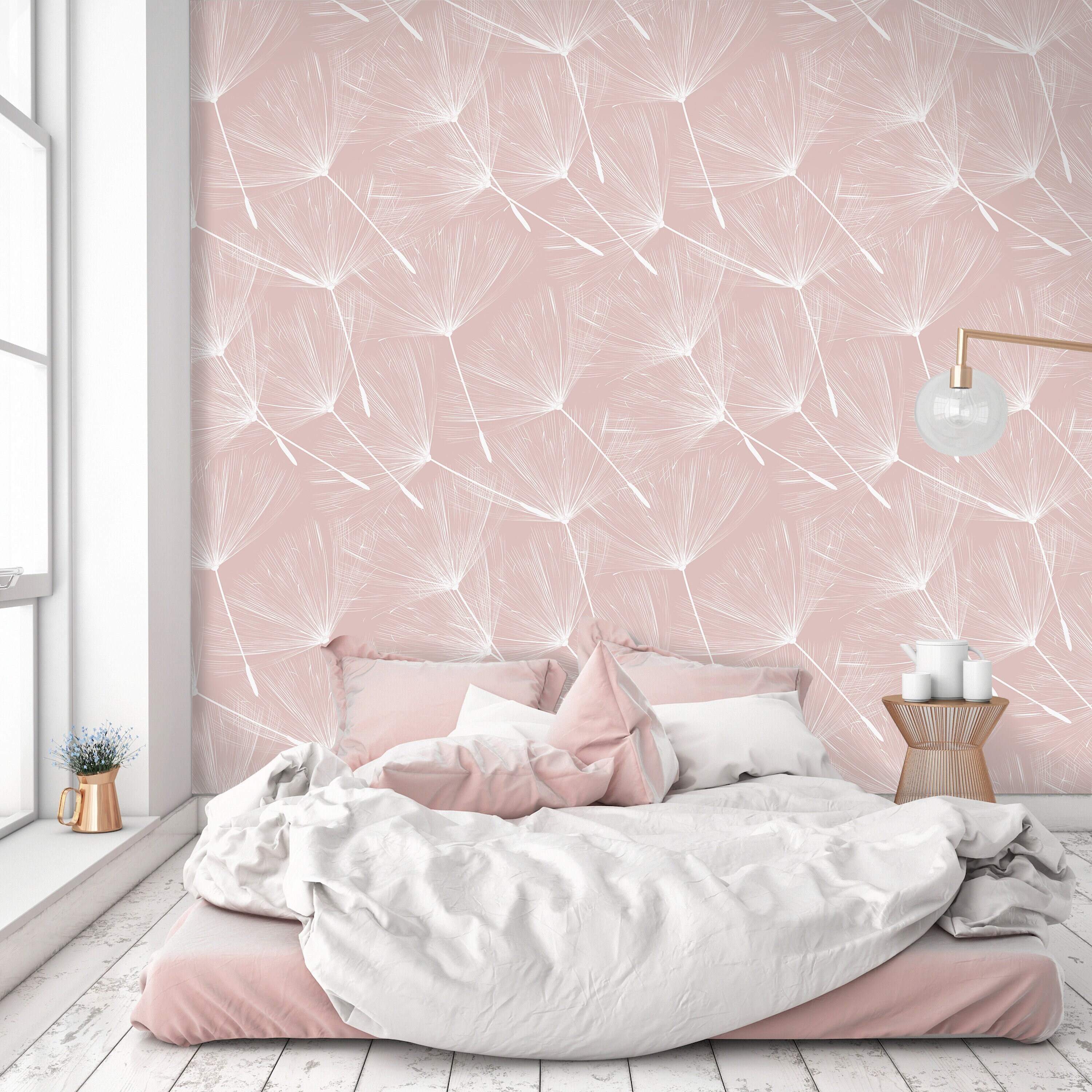 Pink Dandelion Neutral Wallpaper - Self Adhesive Flower Wall Decal - Pastel Floral Peel and Stick Paper - Botanical Fabric Wall Decor CC259