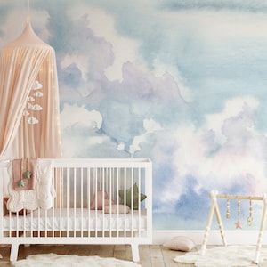 Watercolor Blue Sky Peel and Stick Wallpaper - Self Adhesive Baby Mural - Cloud Removable Wall Decal- Nursery Kids Room Boy Wallpaper CCM103