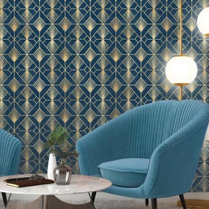 Navy Blue Gold Effect Art Deco Peel and Stick Wallpaper - Removable Luxury Wall Decal - Vintage Print Self Adhesive Wall Mural CC333