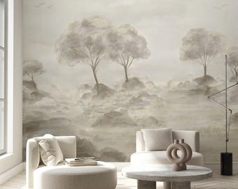 Beige Watercolor Landscape Wall Mural - Neutral Tree Bedroom Decor Peel and Stick Wallpaper CCM219