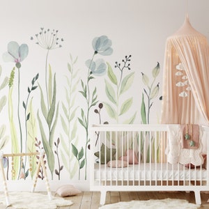 Watercolor Flowers Removable Mural Wallpaper - Wildflowers Kids Peel and Stick Nursery Wall Decal - Self Adhesive Greenery Wallpaper CCM085