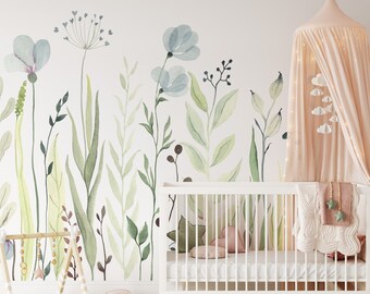 Wildflower Nursery Wallpaper with Green Botanical Pastel Flowers CCM085