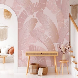 Pink Banana Leaves Peel and Stick Wall Mural - Tropical Self Adhesive Wall Decal - Jungle Boho Style Removable Decor Wallpaper  CCM122
