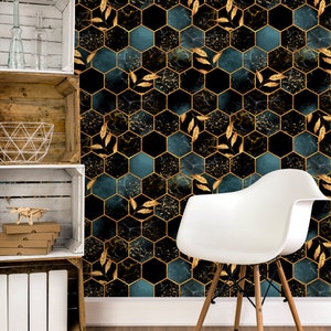 Dark Honeycomb Peel and Stick Wallpaper - Self Adhesive Black Gold Hexagon Temporary Decal - Removable Wall Mural CC043