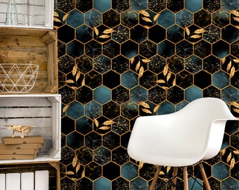 Dark Honeycomb Peel and Stick Wallpaper - Self Adhesive Black Gold Hexagon Temporary Decal - Removable Wall Mural CC043