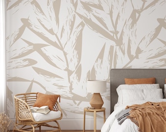 Neutral Bamboo Leaves Wallpaper - Beige Botanical Wall Mural - Japandi Tropical Minimalist Decor  CG015