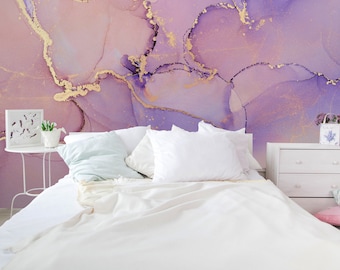 Lilac Purple Pink Peel and Stick Abstract Mural - Self Adhesive Decor Wallpaper- Nursery Watercolor Alcohol Ink Removable Wall Decal CCM128