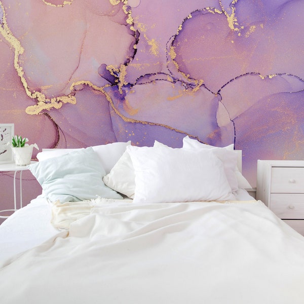 Lilac Purple Pink Peel and Stick Abstract Mural - Self Adhesive Decor Wallpaper- Nursery Watercolor Alcohol Ink Removable Wall Decal CCM128