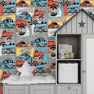 Racing Monster Truck Peel and Stick Wallpaper - Removable Kids Room Print Wall Decal - Сolorful Cars Self Adhesive Wall Mural CC317