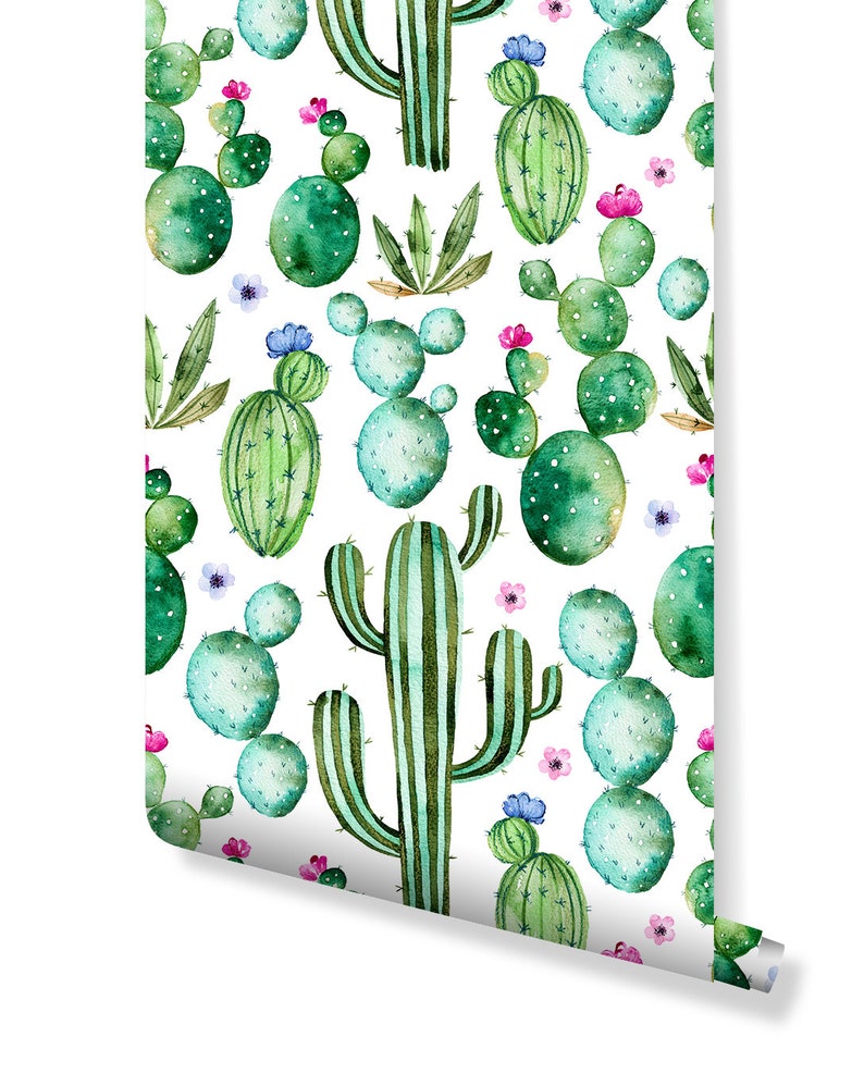 Watercolor Hand Drawn Cacti Kids Wall Mural CC209 Self Adhesive Removable Floral Wallpaper Green Cactus with Purple Flowers