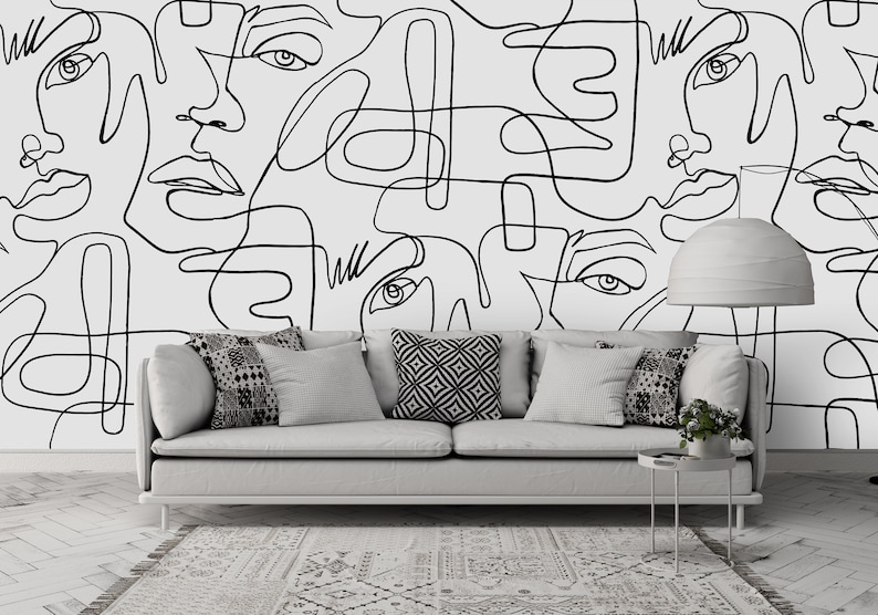 Abstract Female Face Removable Wall Mural Minimalist Line Etsy