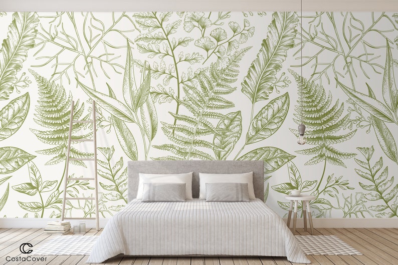 Fern Botanical Removable Mural Wallpaper Light Greenery Self Adhesive Wall Decor Peel and Stick Wallpaper Temporary Decal CCM082 image 5