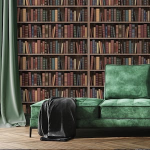 Puede incluir: Un sofá de terciopelo verde con una manta negra frente a un papel pintado de estantería. El papel pintado presenta una impresión detallada de una biblioteca con filas de libros de varios colores. Una cortina verde está a la izquierda.