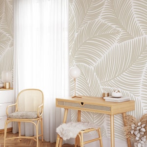 Beige Tropical Leaves Self Adhesive Wallpaper -Neutral Peel and Stick Decor Mural -  Boho Style Design Removable Temporary Wall Decal CCM118