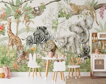 Nursery Giraffe Safari Mural Wallpaper - Animal Print Peel and Stick Wall Decal - Lion Jungle Self Adhesive Temporary Wallpaper CCM069