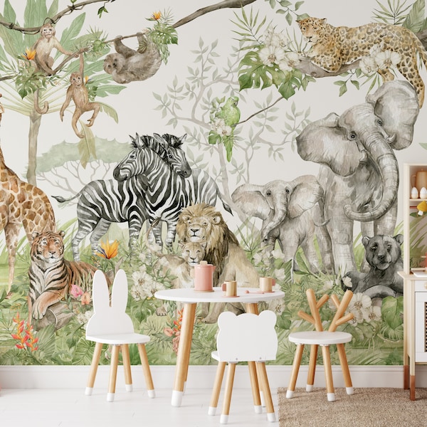 Nursery Giraffe Safari Mural Wallpaper - Animal Print Peel and Stick Wall Decal - Lion Jungle Self Adhesive Temporary Wallpaper CCM069